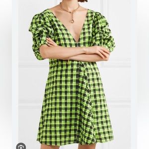 Ganni seersucker plaid print mini in green and black, used condition, size 34